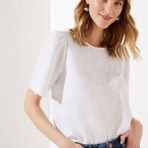 Loft Linen Short Sleeve Blouse Womens Small White Eyelet Floral Cottage Feminine